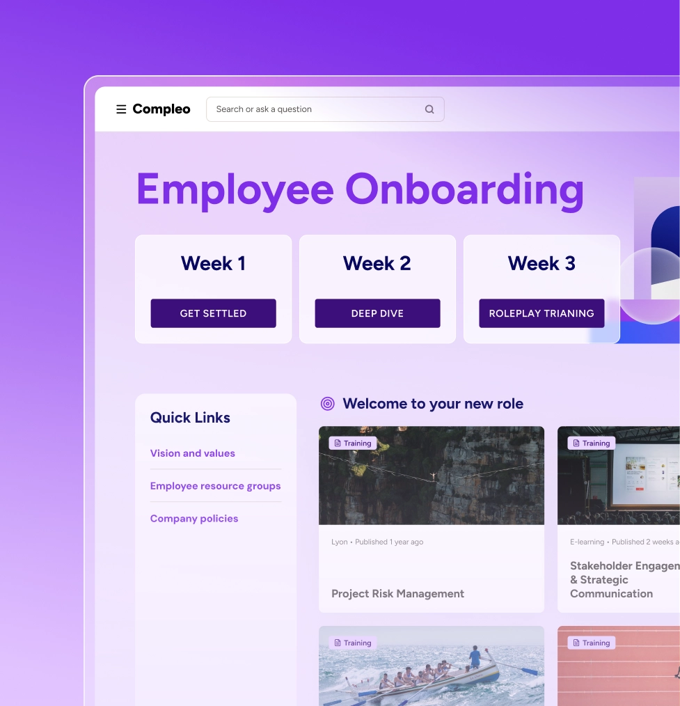 Docebo employee onboarding learning path organized into weekly modules