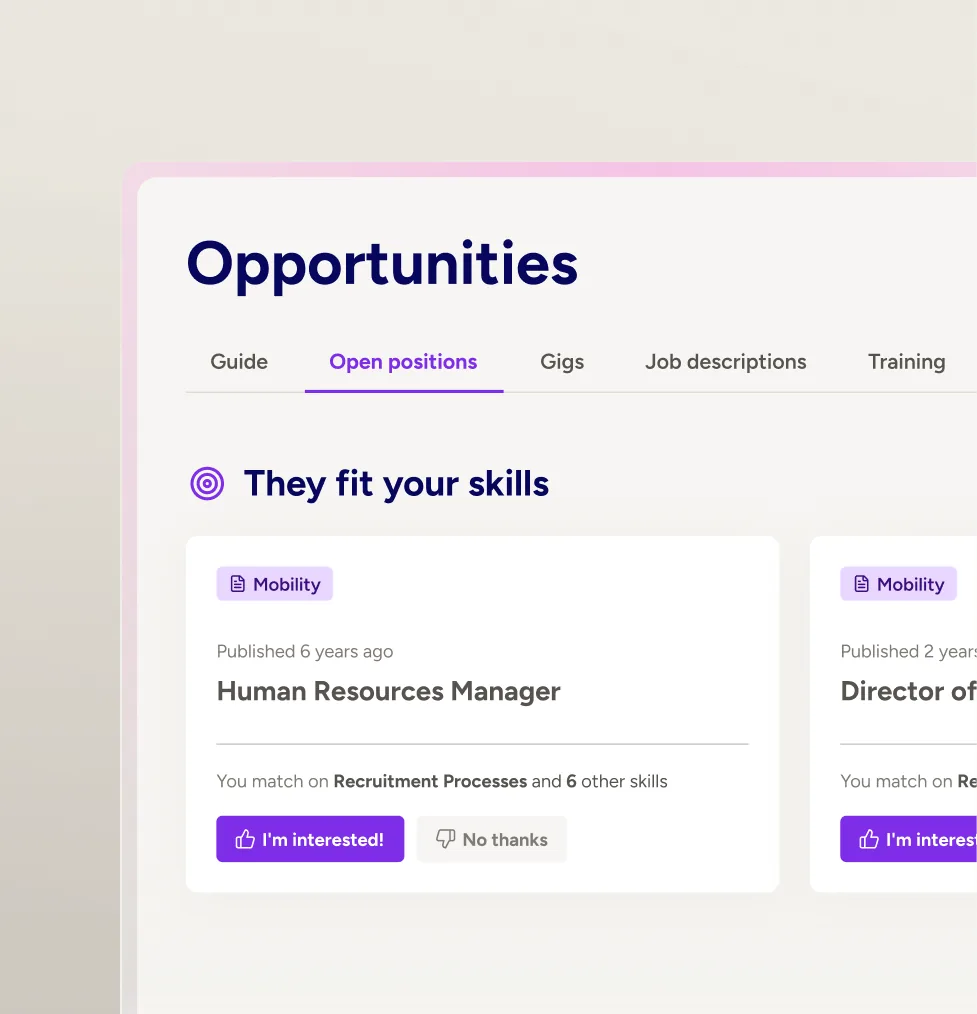 Docebo opportunities page matching open positions to an employee’s skills