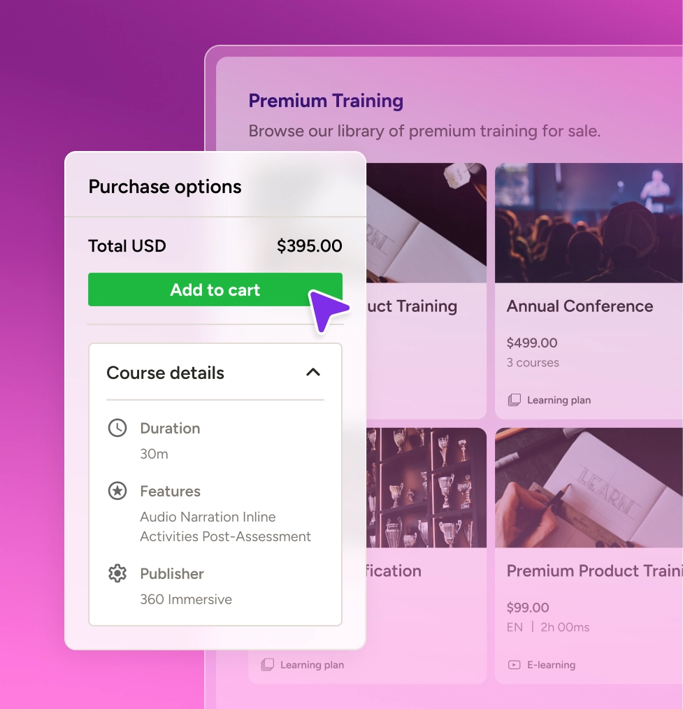 Docebo premium training catalog with purchase options for a paid course