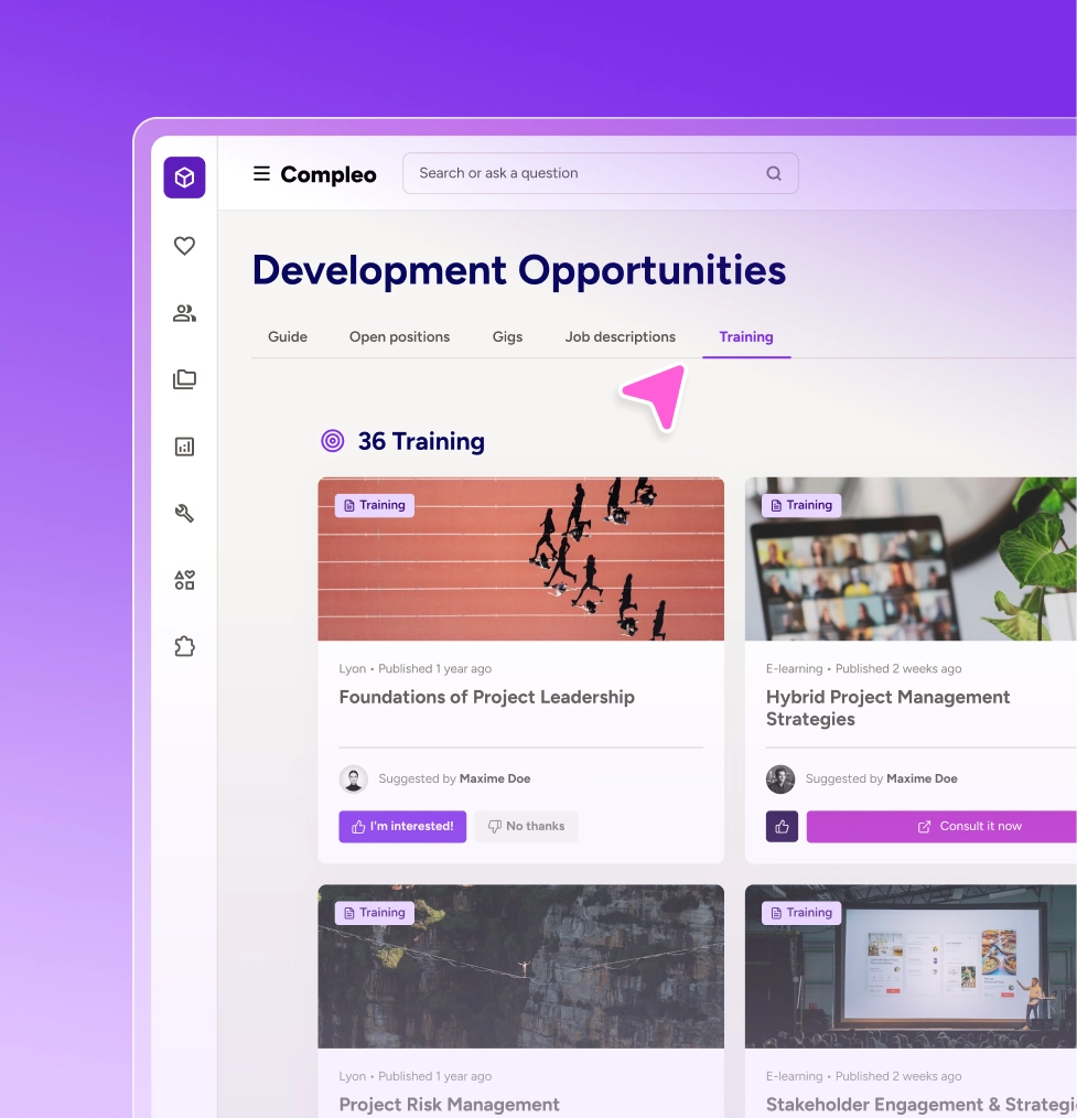 Docebo development opportunities page listing suggested trainings